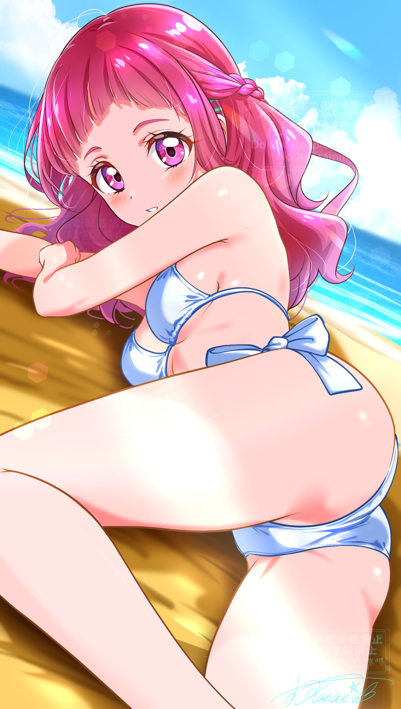 kakikakilemon, nono hana, hugtto! precure, precure, commentary request, highres, 1girl, ass, beach, bikini, blue sky, breasts, cloud, cloudy sky, day, hair ornament, horizon, long hair, looking at viewer, looking back, lying, ocean, on stomach, outdoors, pink eyes, pink hair, signature, sky, small breasts, smile, solo, swimsuit, water, white bikini