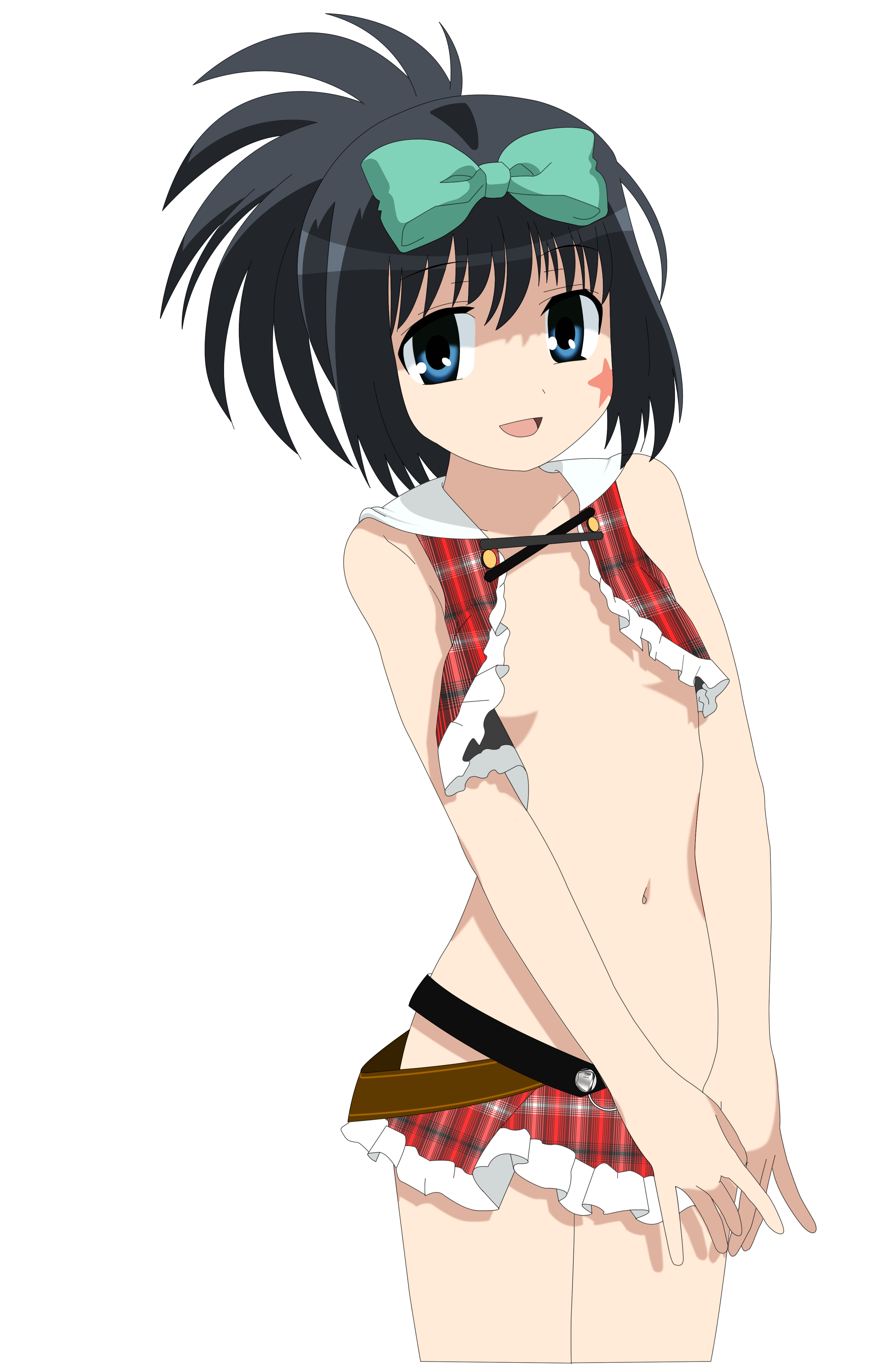 kunihiro hajime, saki (manga), plaid, absurdres, derivative work, highres, non-web source, vector trace, 00s, 1girl, black hair, blue eyes, bow, female focus, flapper shirt, flat chest, hair bow, miniskirt, no bra, no panties, ponytail, revealing clothes, ribbon, shirt, skirt, smile, solo, star (symbol), transparent background