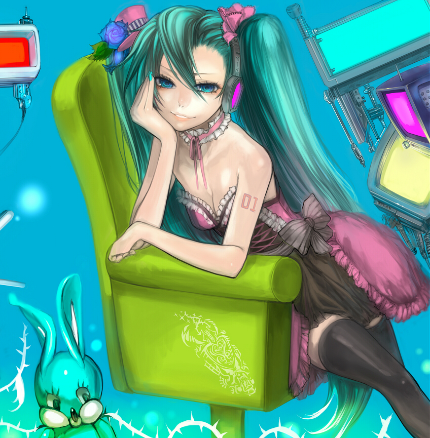 tcb, hatsune miku, vocaloid, bad id, bad pixiv id, 1girl, aqua eyes, aqua hair, aqua nails, female focus, flower, frills, hat, head rest, headphones, long hair, mini hat, mini top hat, nail polish, rabbit, rose, sitting, smile, solo, television, thighhighs, top hat, twintails, very long hair, zettai ryouiki
