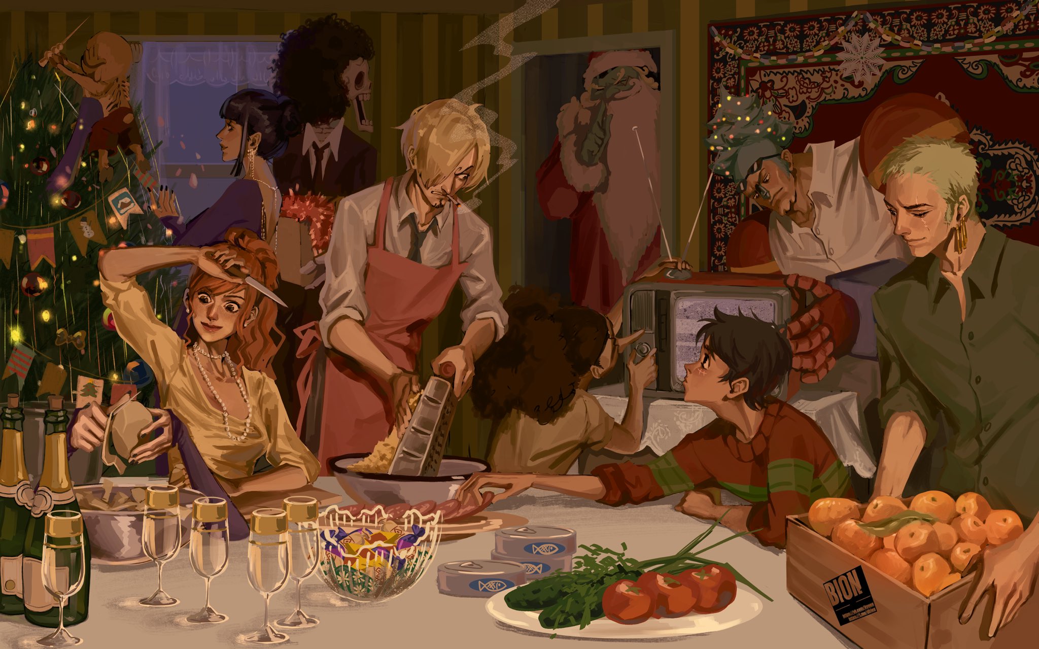 onex1x, brook (one piece), franky (one piece), jinbe (one piece), monkey d. luffy, nami (one piece), nico robin, roronoa zoro, sanji (one piece), tony tony chopper, usopp, one piece, commentary, highres, 2girls, 6+boys, apron, black hair, black nails, blonde hair, blue hair, blunt bangs, carrying, carrying person, champagne flute, christmas tree, cigarette, crossed arms, cup, curly eyebrows, cutting, dress, drinking glass, extra arms, eyewear on head, facial hair, food, fruit, goatee, green hair, hair over one eye, holding, holding knife, indoors, knife, long nose, mandarin orange, multiple boys, multiple girls, necktie, one eye closed, orange hair, pink apron, ponytail, purple dress, santa costume, scar, scar across eye, scar on face, short hair, sidelocks, skeleton, smile, smoke, straw hat pirates, tomato