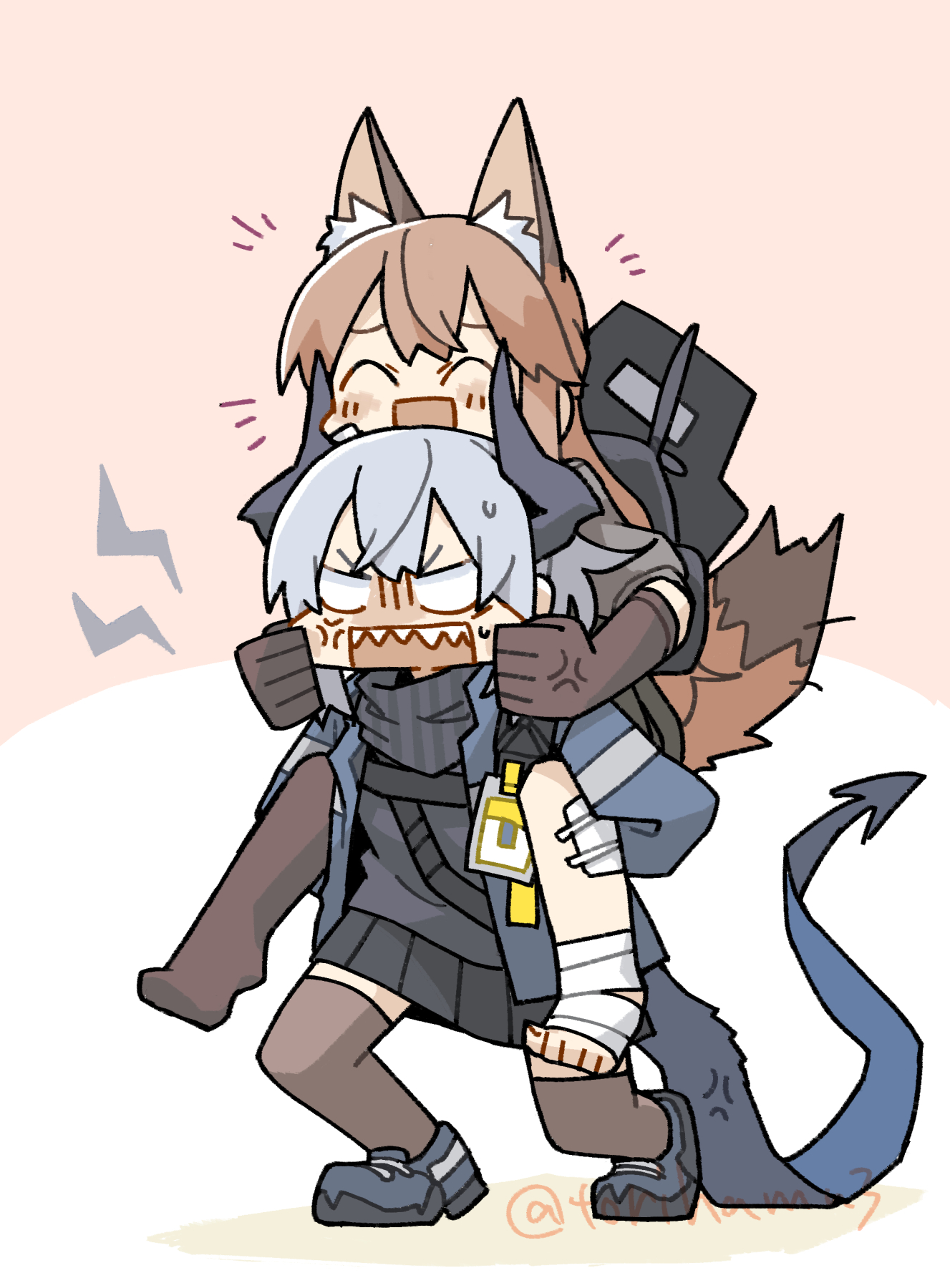 konno akikaze, franka (arknights), liskarm (arknights), arknights, commentary request, highres, 2girls, ^ ^, anger vein, angry, animal ear fluff, animal ears, bandaged foot, bandaged leg, bandages, black shirt, black shoes, black skirt, blank eyes, brown pantyhose, brown thighhighs, carrying, cheek pull, closed eyes, demon, demon girl, demon horns, empty eyes, fox ears, fox girl, fox tail, horns, multiple girls, open mouth, pantyhose, piggyback, pink background, pleated skirt, sharp teeth, shield, shield on back, shirt, shoes, single leg pantyhose, skirt, smile, tail, teeth, thighhighs, twitter username, two-tone background, white background