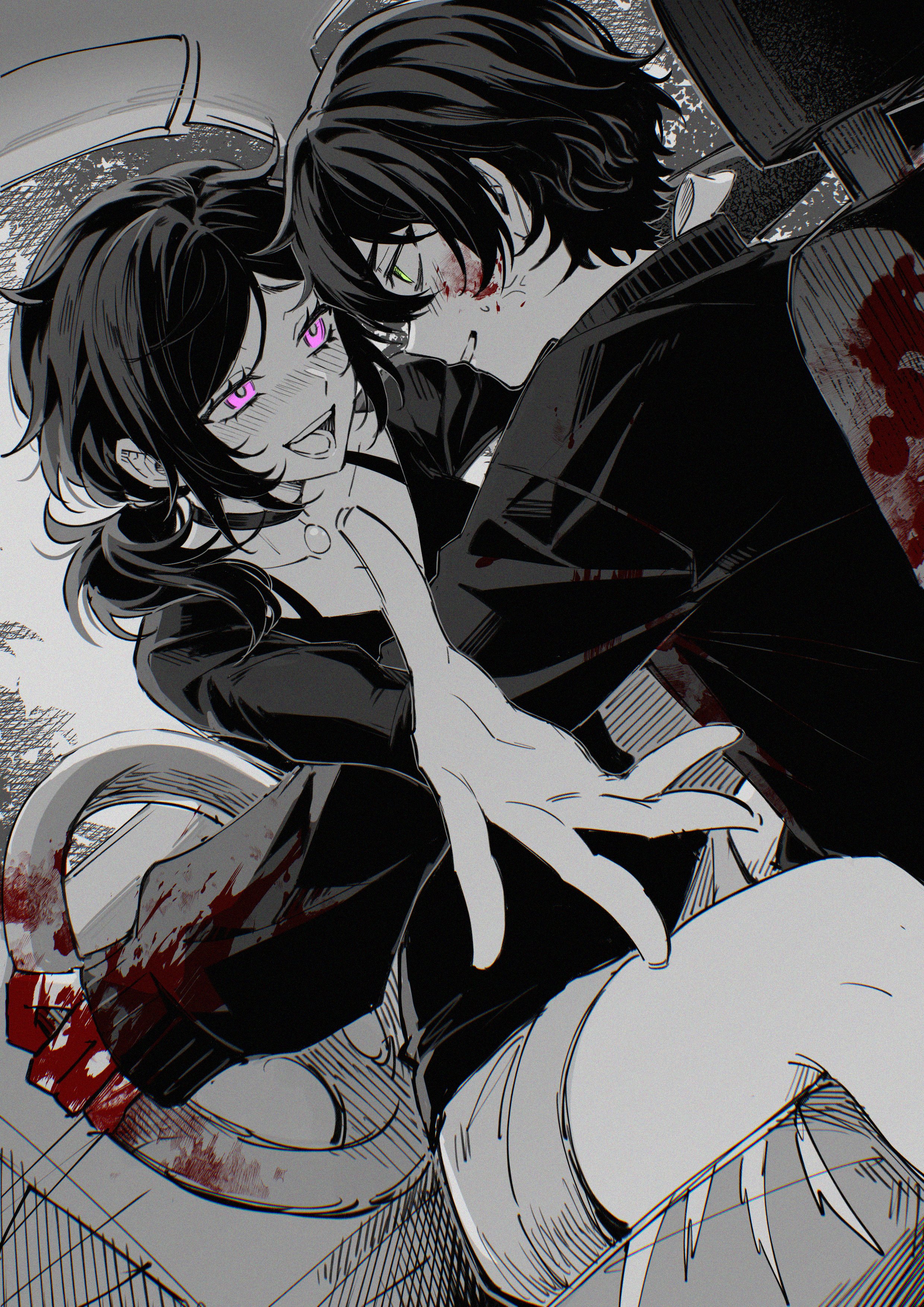 nanin, andrew graves, ashley graves, the coffin of andy and leyley, 1boy, 1girl, black hair, blood, car, driving, motor vehicle, purple eyes, siblings, vehicle interior