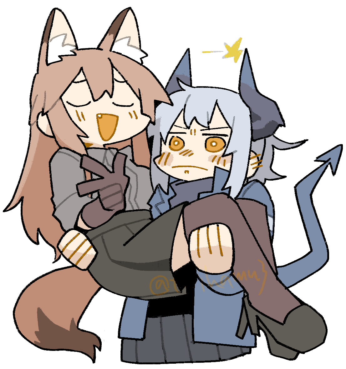 konno akikaze, franka (arknights), liskarm (arknights), arknights, commentary request, 2girls, animal ear fluff, animal ears, black shoes, black skirt, blue jacket, blush, brown hair, brown thighhighs, carrying, closed eyes, demon girl, demon horns, demon tail, ear blush, embarrassed, fox ears, fox girl, fox tail, full body, grey hair, grey shirt, horns, jacket, long hair, multiple girls, open mouth, orange eyes, pleated skirt, princess carry, shirt, shoes, sidelocks, simple background, skirt, smile, tail, thighhighs, white background, yuri