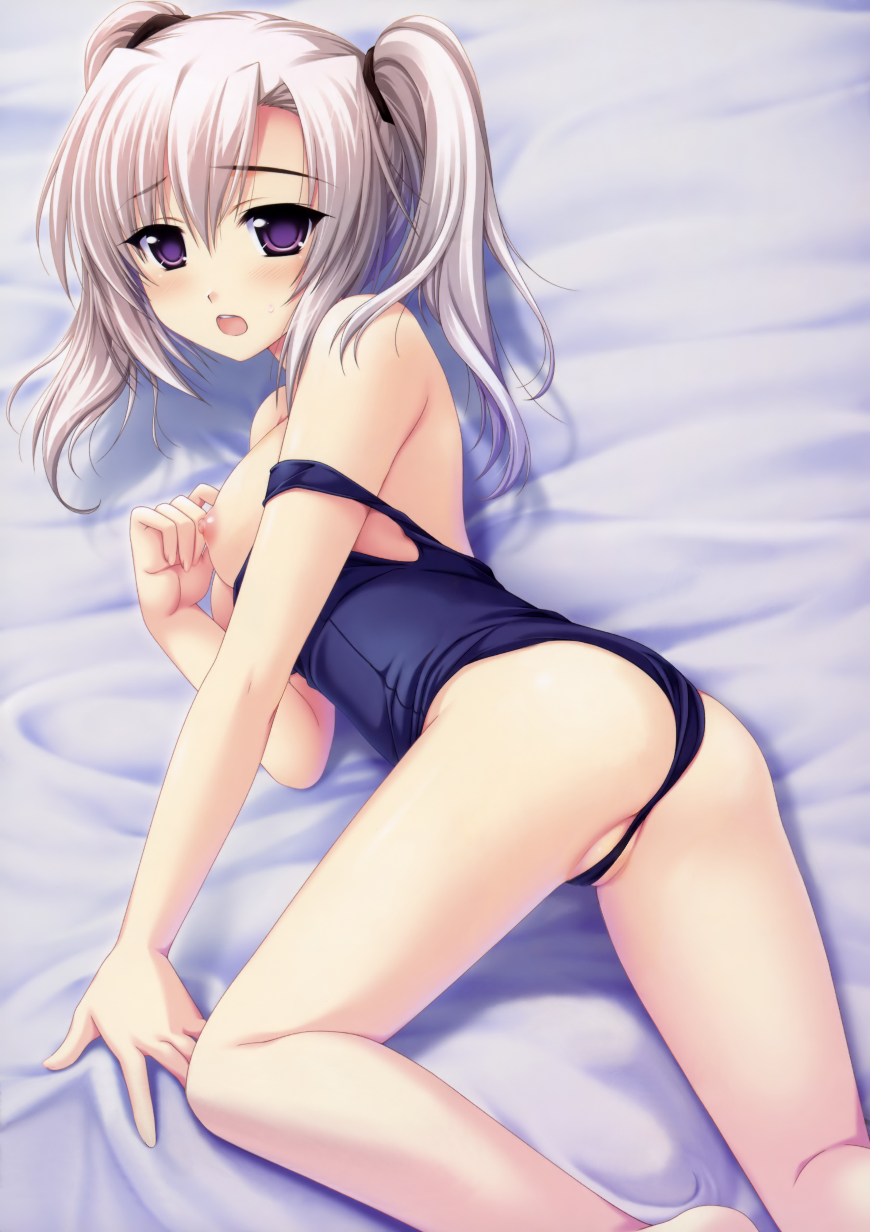 alpha (yukai na nakamatachi), shiratori mizuha, g-senjou no maou, absurdres, highres, source request, 1girl, ass, bare shoulders, blush, breasts, clothes pull, female focus, long hair, lying, nipples, on side, one-piece swimsuit, one-piece swimsuit pull, purple eyes, school swimsuit, solo, swimsuit, twintails, undressing, white hair