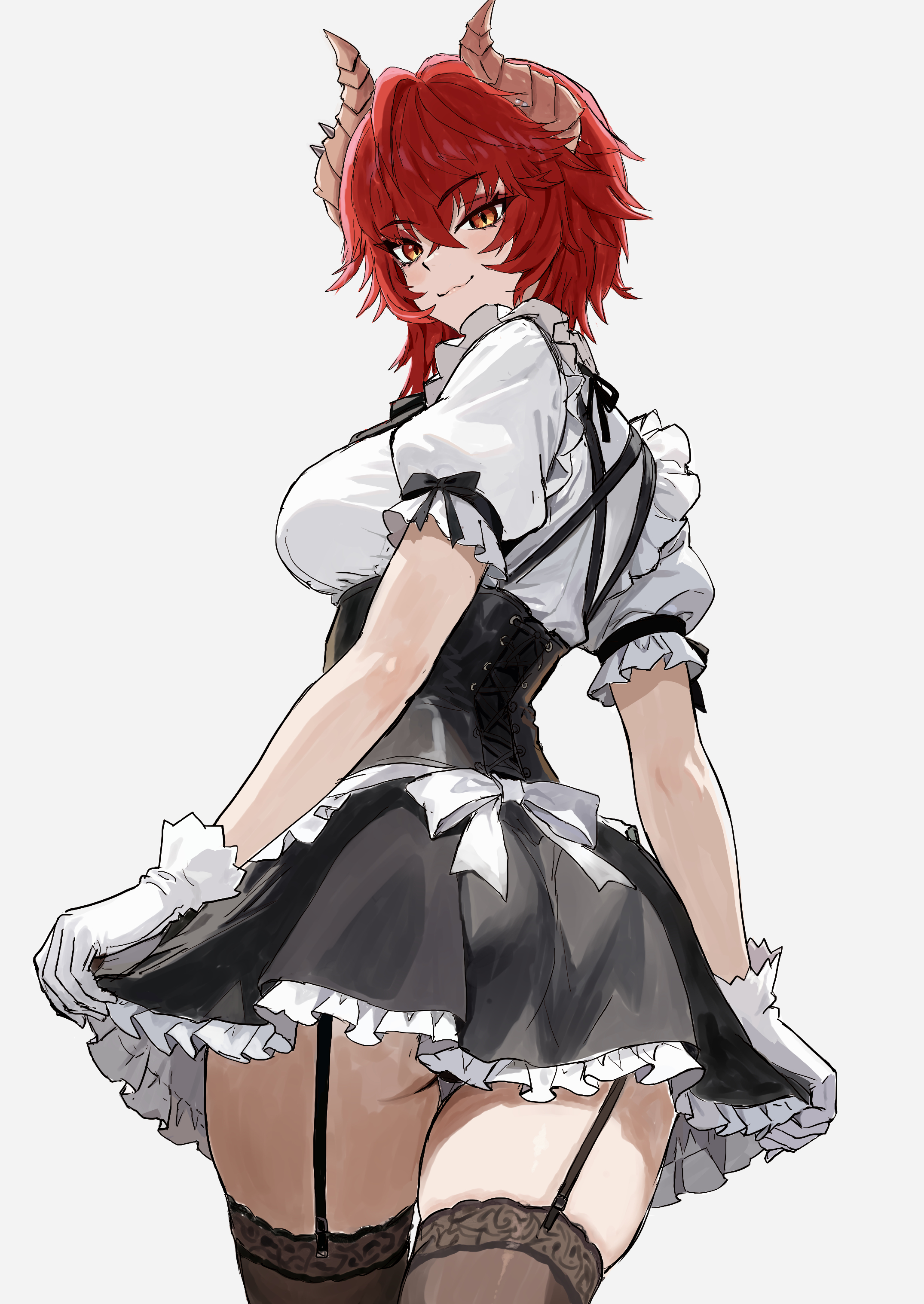 meibin, zentreya, zentreya (dragon), indie virtual youtuber, absurdres, highres, 1girl, alternate costume, alternate hairstyle, black garter straps, black skirt, black thighhighs, breasts, closed mouth, dragon girl, dragon horns, eyeliner, garter straps, gloves, horns, large breasts, looking at viewer, maid, makeup, medium hair, red eyeliner, red hair, shirt, sideboob, skirt, smile, solo, thighhighs, virtual youtuber, white background, white gloves, white shirt, yellow eyes