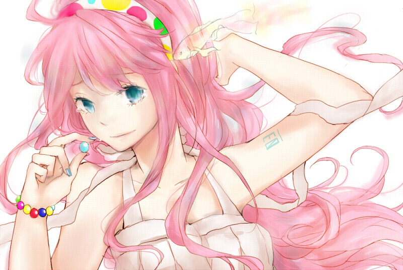 gyoniku sausage, megurine luka, just be friends (vocaloid), vocaloid, bad id, bad pixiv id, 1girl, blue eyes, female focus, fish, hairband, long hair, pink hair, smile, solo, tears, white background