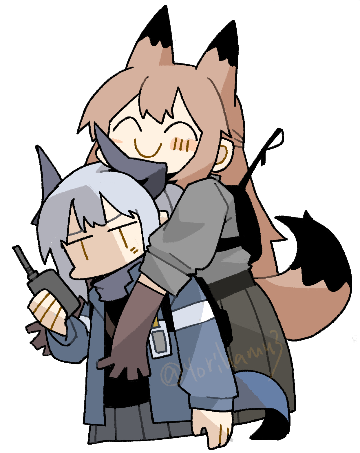 konno akikaze, franka (arknights), liskarm (arknights), arknights, commentary request, highres, 2girls, ^ ^, blue jacket, blush, brown gloves, brown hair, c:, closed eyes, demon horns, gloves, grey hair, grey shirt, grey skirt, holding, holding walkie-talkie, horns, hug, hug from behind, jacket, long hair, multiple girls, pleated skirt, ponytail, shirt, short hair, sidelocks, simple background, skirt, sleeves rolled up, smile, twitter username, walkie-talkie, white background, | |