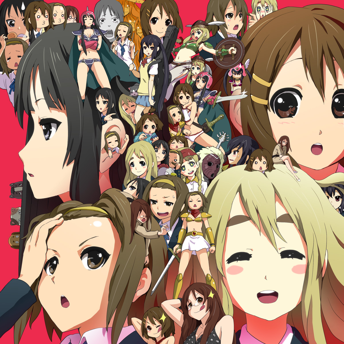 nagasawa shin, akiyama mio, asou yuuko, chi-chi (dragon ball), hirasawa yui, kotobuki tsumugi, nakano azusa, tainaka ritsu, warrior (dq3), yamanaka sawako, chunsoft, dragon ball, dragon quest, dragon quest iii, enix, golden axe, k-on!, mugen senshi valis, revolver (album), telenet japan, the beatles, valis, valis iii, bad id, bad pixiv id, highres, + +, 00s, 6+girls, :q, ;q, album cover, arcade, asou yuuko (cosplay), black hair, blush, blush stickers, boots, brown eyes, brown hair, chi-chi (dragon ball) (cosplay), chichi (cosplay), cosplay, cover, hairband, head bump, headband, injury, knee boots, long hair, looking at viewer, microskirt, midriff, miniskirt, multiple girls, neckerchief, one eye closed, open mouth, parody, school uniform, shield, short hair, simple background, skirt, smile, sword, thick eyebrows, tongue, tongue out, valis sword, valkyrie, very long hair, video game, viking, warrior (dq3) (cosplay), weapon