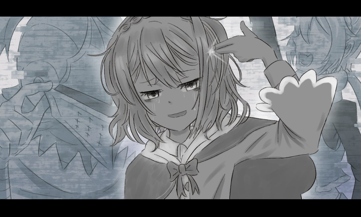 aldebaran (re:zero), felt (re:zero), petra leyte, re:zero kara hajimeru isekai seikatsu, commentary request, 1boy, 2girls, blonde hair, crying, crying with eyes open, distortion, faceless, faceless female, finger gun, finger gun to head, hand to head, helm, helmet, horror (theme), knight, laughing, looking at viewer, multiple girls, ptsd, ribbon, scarf, short hair, surreal, tears, time paradox, traumatized, turkmenianeowl