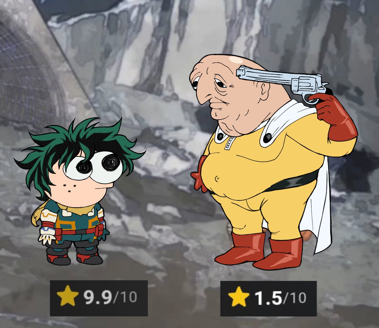 m4rsart, desmond (smiling friends), midoriya izuku, pim pimling, saitama (one-punch man), boku no hero academia, one-punch man, smiling friends, commentary, english commentary, 2boys, belt, black belt, black eyes, bodysuit, boots, closed mouth, crossover, fat, fat man, full body, gloves, green bodysuit, green hair, grey background, gun, gun to head, handgun, holding, holding gun, holding weapon, looking at another, male focus, multiple boys, parody, red boots, red gloves, revolver, short hair, star (symbol), style parody, weapon, white gloves, yellow bodysuit