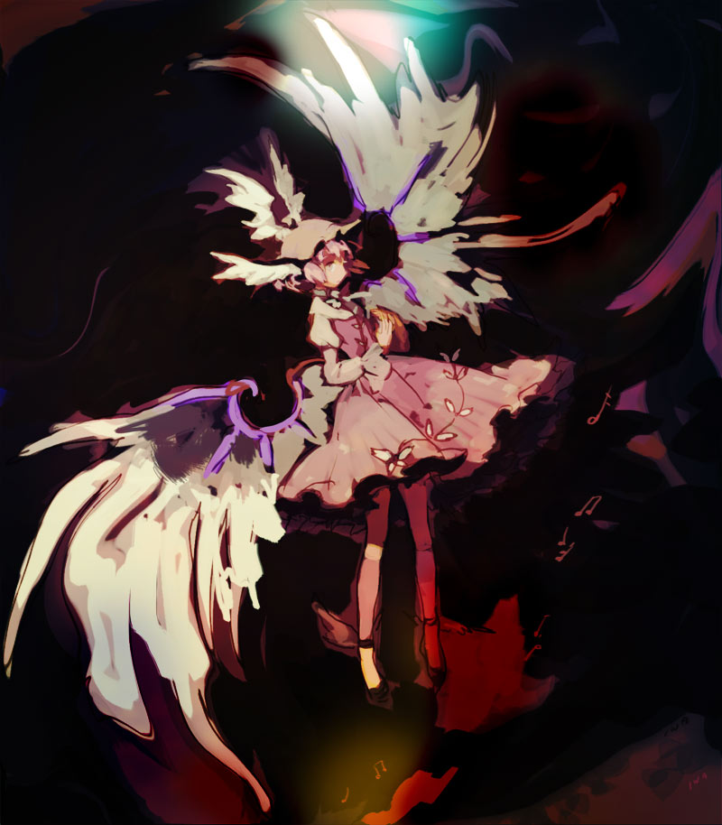 iwamoto zerogo, mystia lorelei, touhou, 1girl, animal ears, dress, female focus, hat, oversized wings, pink hair, short hair, solo, wings