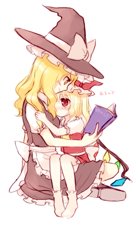 nishiki koi, flandre scarlet, kirisame marisa, touhou, white legwear, 2girls, blonde hair, book, female focus, hat, multiple girls, red eyes, ribbon, socks