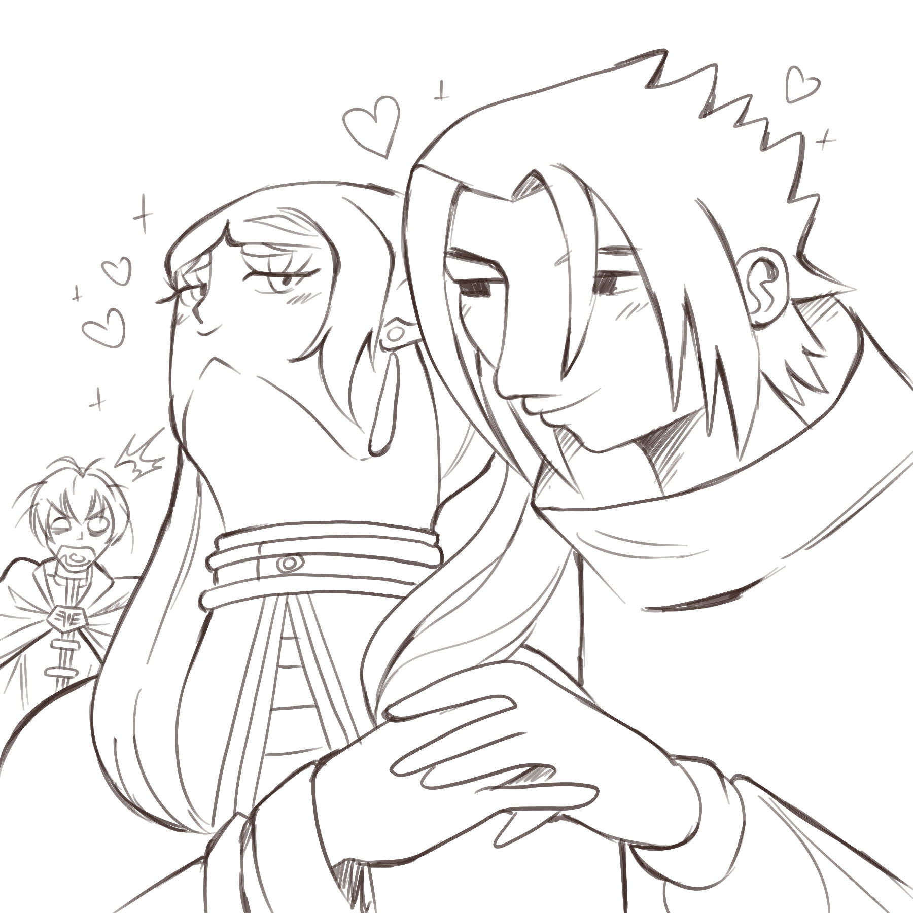 caldatelier, frieren, himmel (sousou no frieren), naruto (series), sousou no frieren, commentary, english commentary, highres, 1girl, 2boys, bad sasuke drawing (meme), capelet, earrings, greyscale, heart, jewelry, meme, monochrome, multiple boys, quality, robe, short hair, short twintails, sparkle, twintails, upward angle frieren drawing (meme)