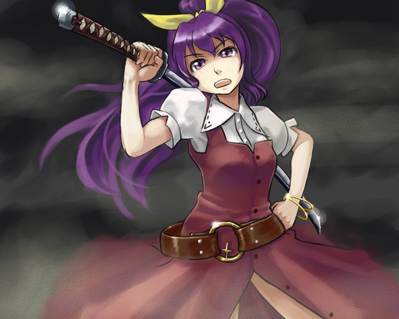 aka-kabuto no gema, watatsuki no yorihime, silent sinner in blue, touhou, touhou bougetsushou, 1girl, belt, bow, bracelet, female focus, hair bow, hand on own hip, high ponytail, jewelry, katana, long hair, over shoulder, ponytail, purple eyes, purple hair, solo, sword, sword over shoulder, weapon, weapon over shoulder