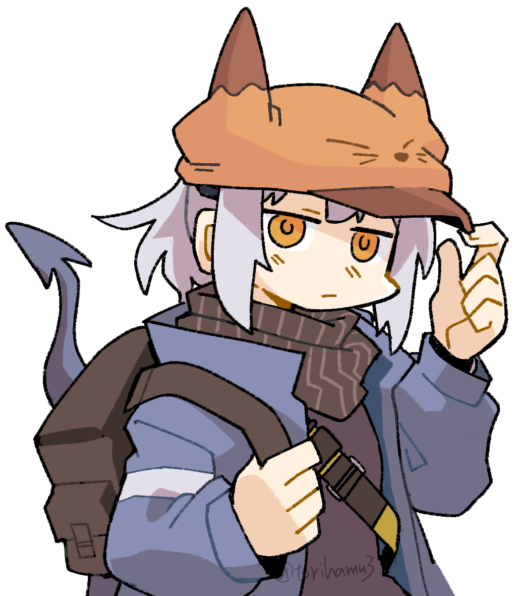 konno akikaze, liskarm (arknights), arknights, commentary request, 1girl, adjusting clothes, backpack, bag, blue jacket, brown hat, brown scarf, brown shirt, character hat, demon tail, frown, grey hair, hat, jacket, long sleeves, looking at viewer, orange eyes, ponytail, scarf, shirt, short hair, simple background, solo, striped clothes, striped scarf, tail, upper body, vertical-striped clothes, vertical-striped scarf, white background
