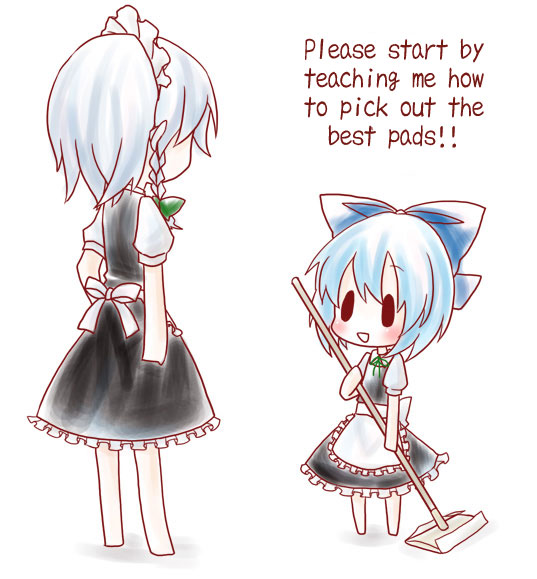 kuro (pixiv60110), cirno, izayoi sakuya, embodiment of scarlet devil, touhou, translated, chibi, maid, mop