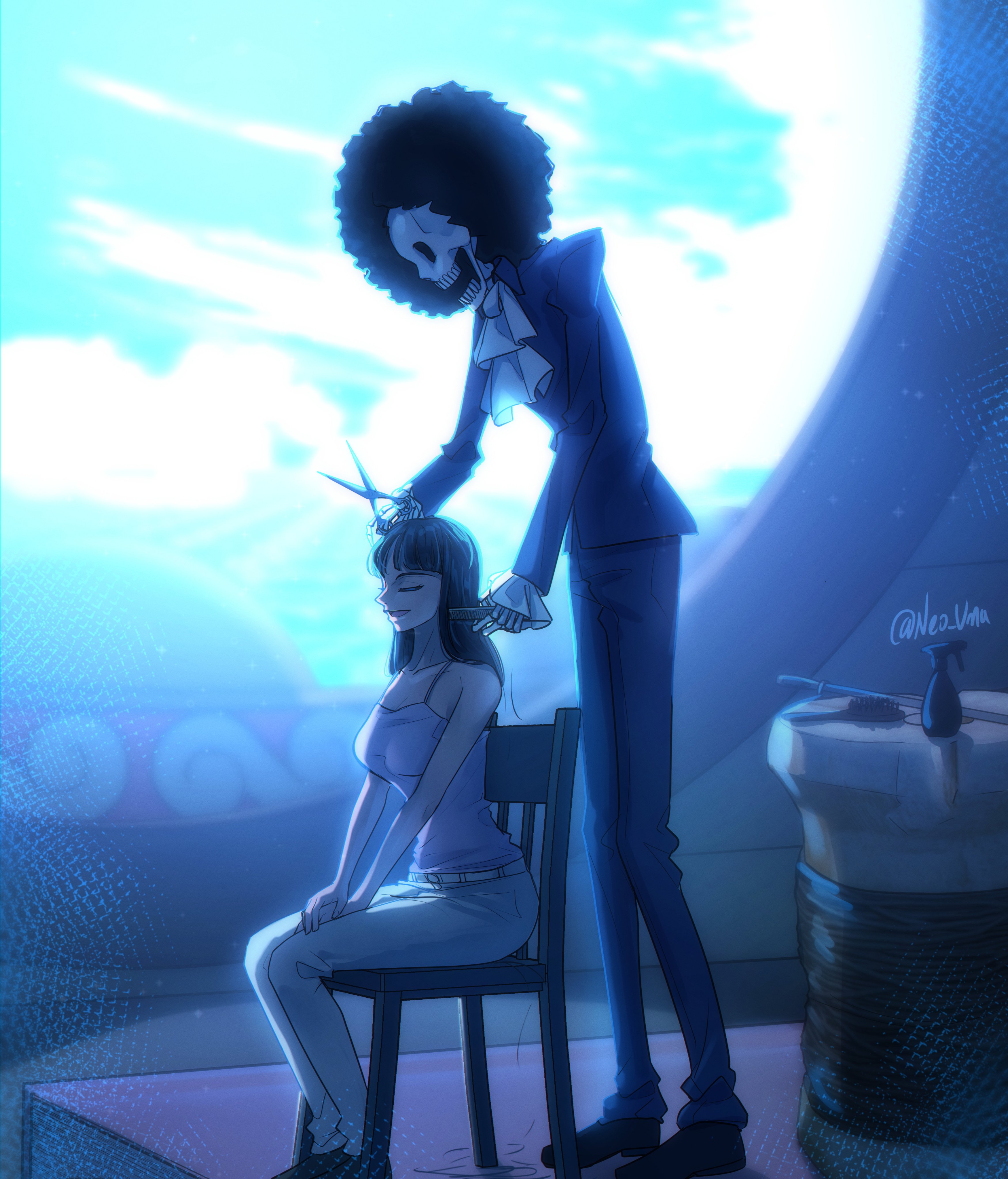 neo uma, brook (one piece), nico robin, one piece, absurdres, commentary, english commentary, highres, 1boy, 1girl, afro, ascot, black hair, blunt bangs, camisole, closed eyes, cutting another's hair, cutting hair, holding, holding scissors, long hair, profile, scissors, sitting, skeleton, smile, twitter username