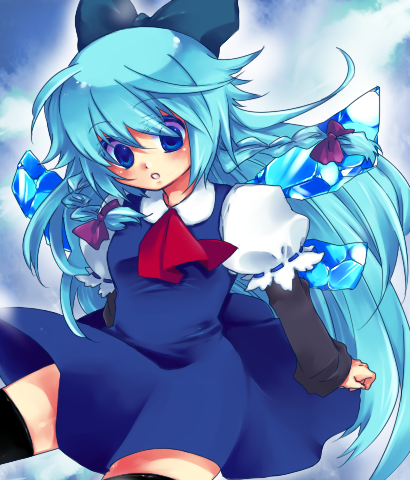 n!, cirno, embodiment of scarlet devil, touhou, lowres, blue eyes, blue hair, bow, braid, hair bow, hair ribbon, long hair, ribbon, thighhighs, twin braids, very long hair, wings