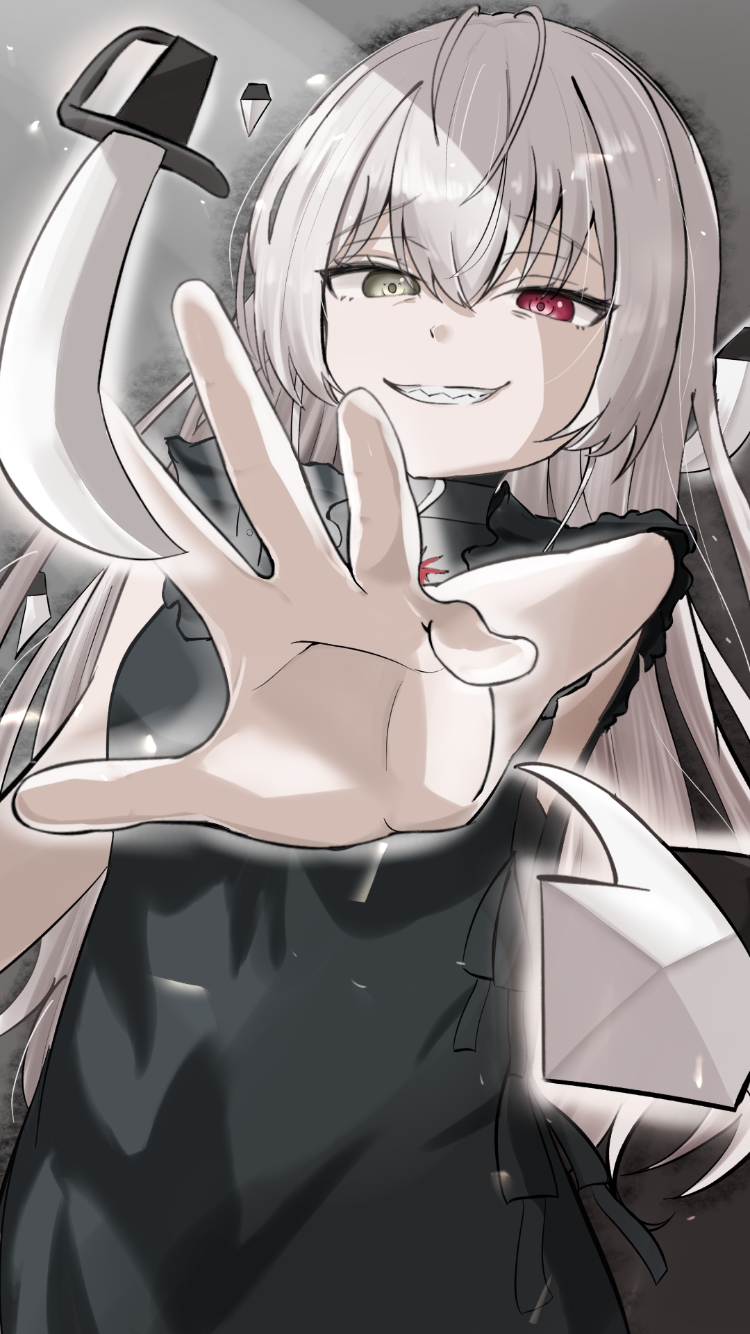 houshou marine, dead ma'am's chest (houshou marine), hololive, commentary request, highres, 1girl, 2025, breasts, dottora, green eyes, heterochromia, looking at viewer, medium breasts, red eyes, simple background, smile, solo, sword, virtual youtuber, weapon, white hair