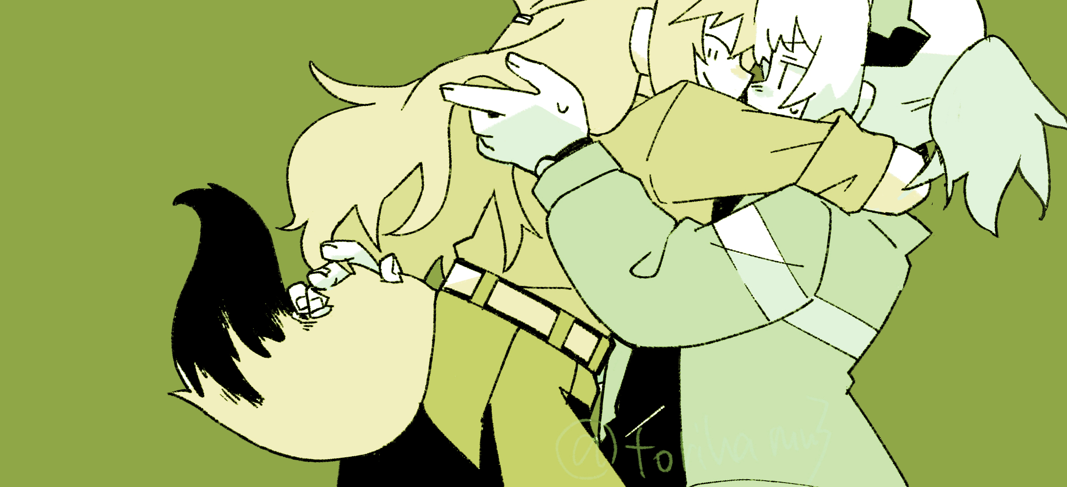 konno akikaze, franka (arknights), liskarm (arknights), arknights, commentary request, highres, 2girls, animal ears, closed eyes, fox ears, fox girl, fox tail, green background, green theme, horns, hug, jacket, limited palette, long hair, multiple girls, nervous, ponytail, short hair, short ponytail, simple background, skirt, tail, twitter username, yuri, | |