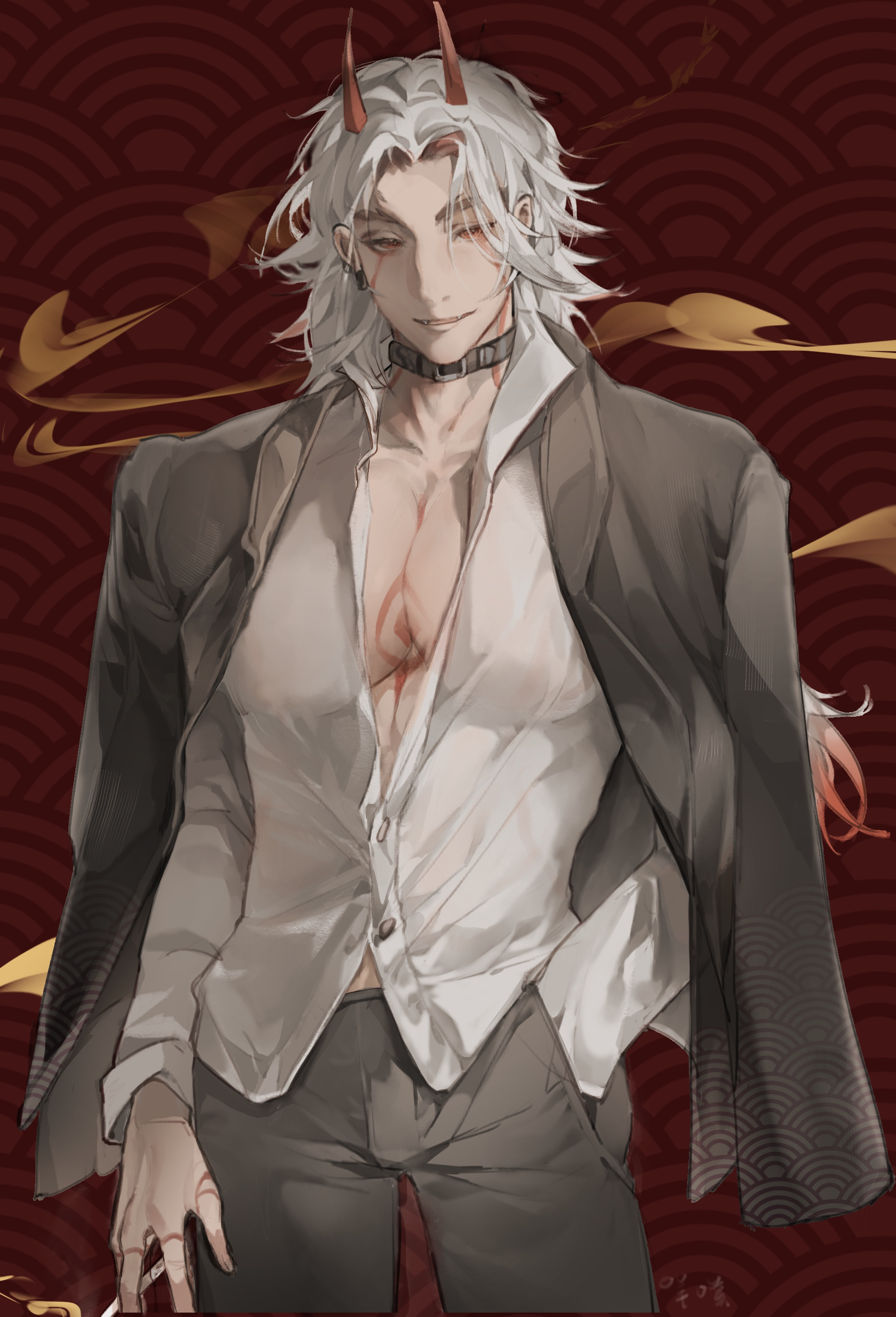 arataki itto, genshin impact, absurdres, commentary request, highres, 1boy, black jacket, black pants, body markings, chest tattoo, cigarette, collar, facepaint, fangs, hand in pocket, hand tattoo, holding, holding cigarette, horns, jacket, large pectorals, male chest, male focus, maofan, multicolored hair, oni, pants, pectoral cleavage, pectorals, red eyes, red horns, shirt, smoke, tattoo, two-tone hair, white shirt