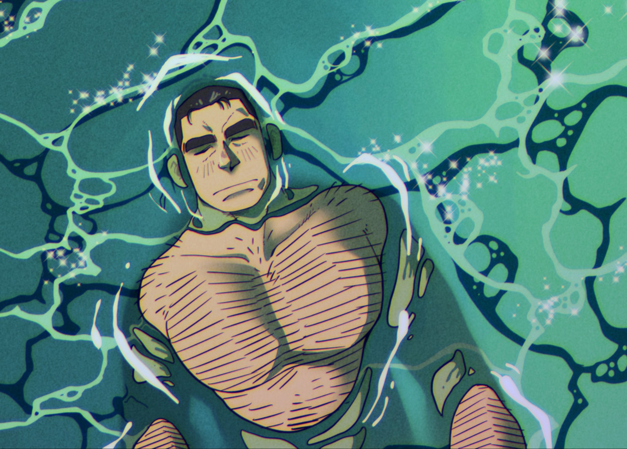 original, commentary, english commentary, highres, 1boy, afloat, black hair, caustics, closed eyes, closed mouth, grgxrt, hairy, male focus, muscular, muscular male, pectorals, short hair, solo, thick eyebrows, topless male