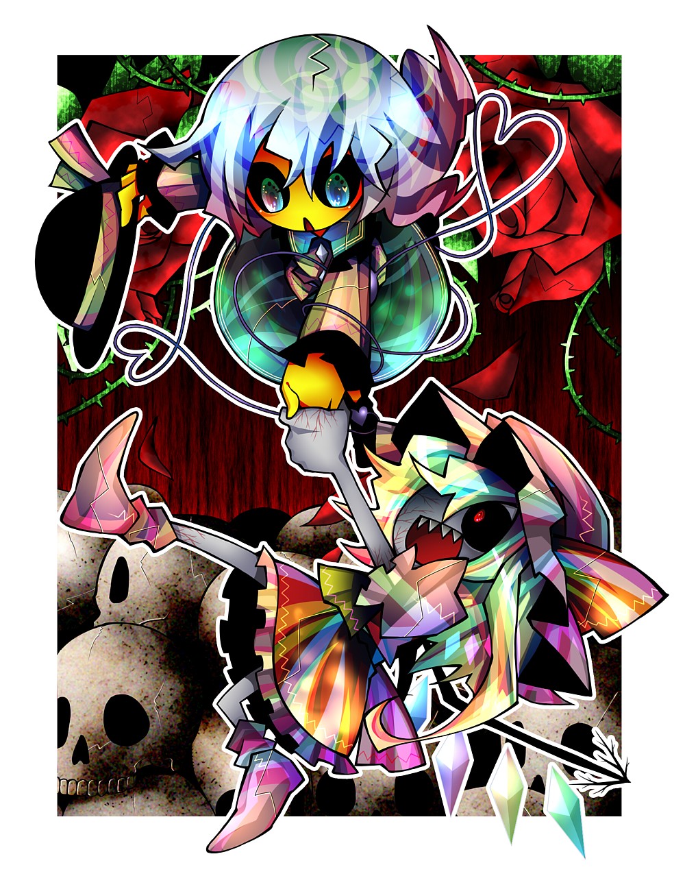 senmu (0107), flandre scarlet, komeiji koishi, touhou, silver hair, bad id, bad pixiv id, highres, 2girls, blonde hair, female focus, flower, full body, hat, multiple girls, one side up, plant, ponytail, rose, short hair, side ponytail, skirt, skull, wings