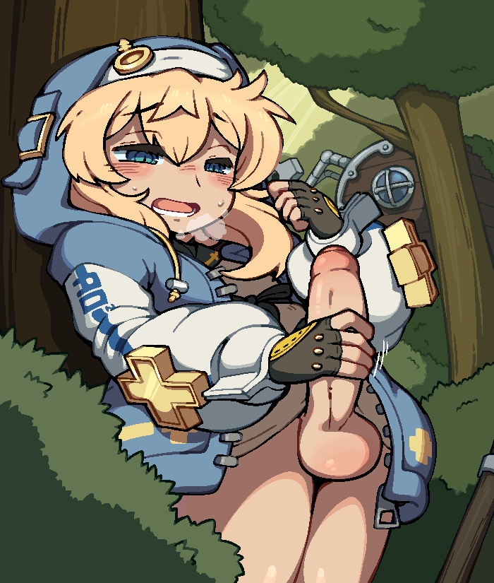 average-hanzo, bridget (guilty gear), guilty gear, guilty gear strive, 1boy, black gloves, blonde hair, blue eyes, cowboy shot, erection, fingerless gloves, foreskin, gloves, hood, hood up, hooded jacket, jacket, long hair, long sleeves, male focus, male masturbation, masturbation, open clothes, open jacket, open mouth, outdoors, penis, phimosis, solo, testicles, trap, tree, uncensored
