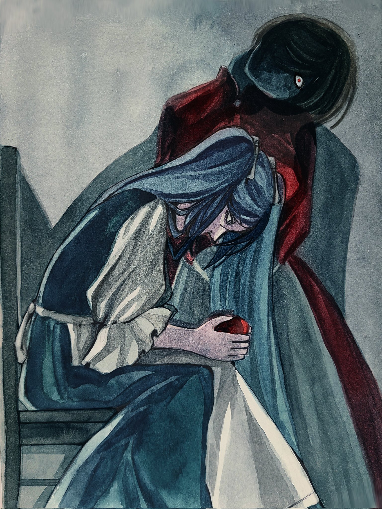 meta28050, eve moonlit, hatsune miku, meiko (vocaloid), meta salmhofer, evillious nendaiki, moonlit bear (vocaloid), vocaloid, commentary, english commentary, gouache (medium), highres, painting (medium), traditional media, watercolor (medium), 2girls, apple, apron, aqua eyes, aqua hair, blue dress, brown hair, chair, constricted pupils, dress, food, frilled sleeves, frills, fruit, ghost, hair ribbon, haunting, head tilt, holding, holding food, holding fruit, horror (theme), long hair, looking at viewer, multiple girls, my september (nastyona), no mouth, no nose, pale skin, pinafore dress, profile, red dress, red eyes, ribbon, short hair, sitting, sleeveless, sleeveless dress, symbolism, twintails, very long hair, white apron, white ribbon