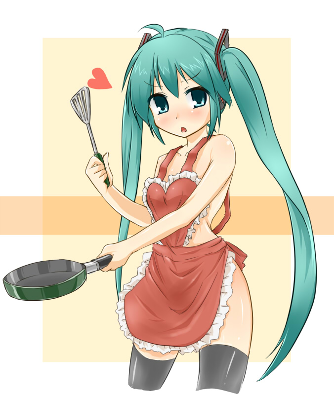 tetora(kari), tetora (kari), hatsune miku, vocaloid, 1girl, apron, aqua eyes, aqua hair, black thighhighs, blush, cooking, female focus, heart, long hair, naked apron, solo, thighhighs, twintails, very long hair