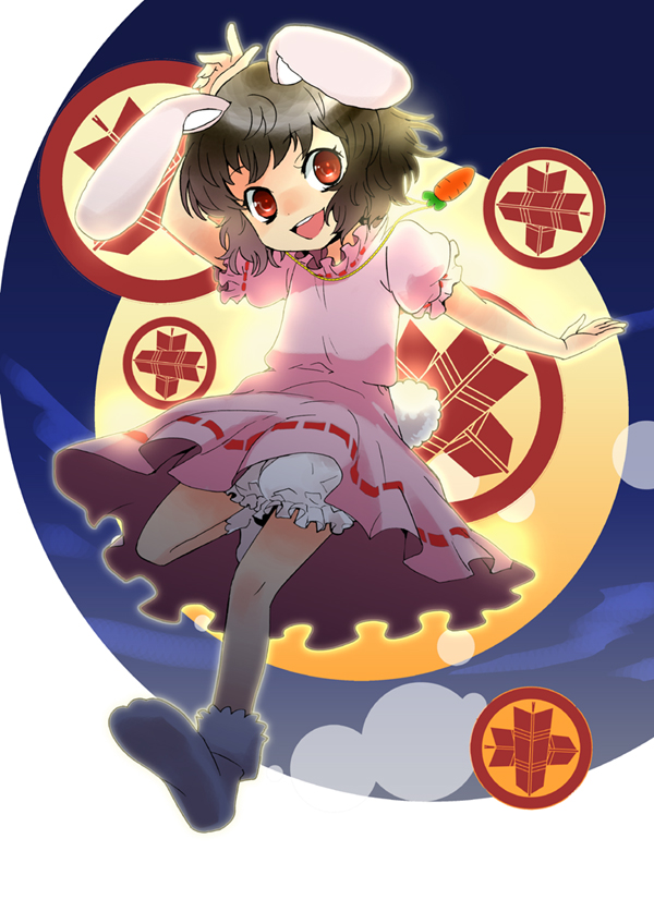niboshi (iemizu), niboshi (pixiv89893), inaba tewi, touhou, 1girl, animal ears, black hair, bloomers, brown hair, carrot, female focus, frills, rabbit ears, rabbit girl, rabbit tail, red eyes, short hair, solo, tail, underwear