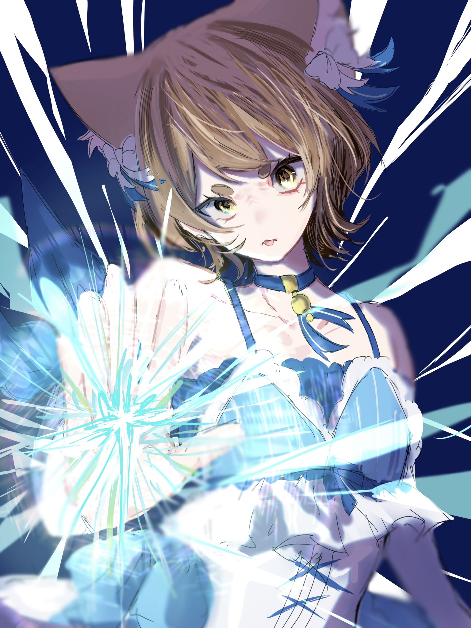 gura (kihou7342), felix argyle, re:zero kara hajimeru isekai seikatsu, commentary request, highres, 1boy, animal ears, blue background, blue choker, bow, brown hair, cat boy, cat ears, cat tail, choker, crossdressing, healing, hydrokinesis, magic, male focus, puffy male chest, ribbon, short hair, solo focus, striped ribbon, tail, trap, water, white bow