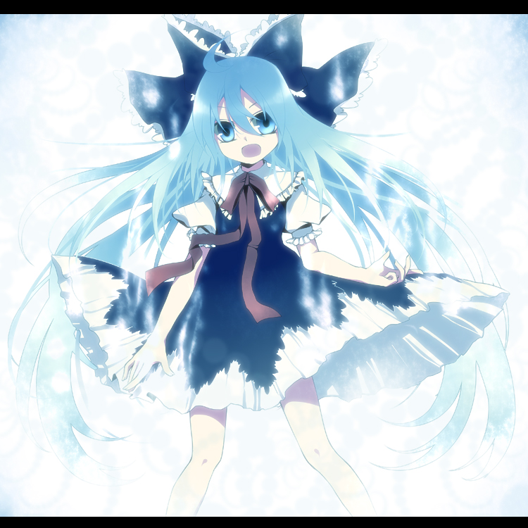 mikazuki sara, cirno, embodiment of scarlet devil, touhou, bad id, bad pixiv id, 1girl, ahoge, alternate hair length, alternate hairstyle, blue eyes, blue hair, female focus, letterboxed, long hair, matching hair/eyes, ribbon, solo