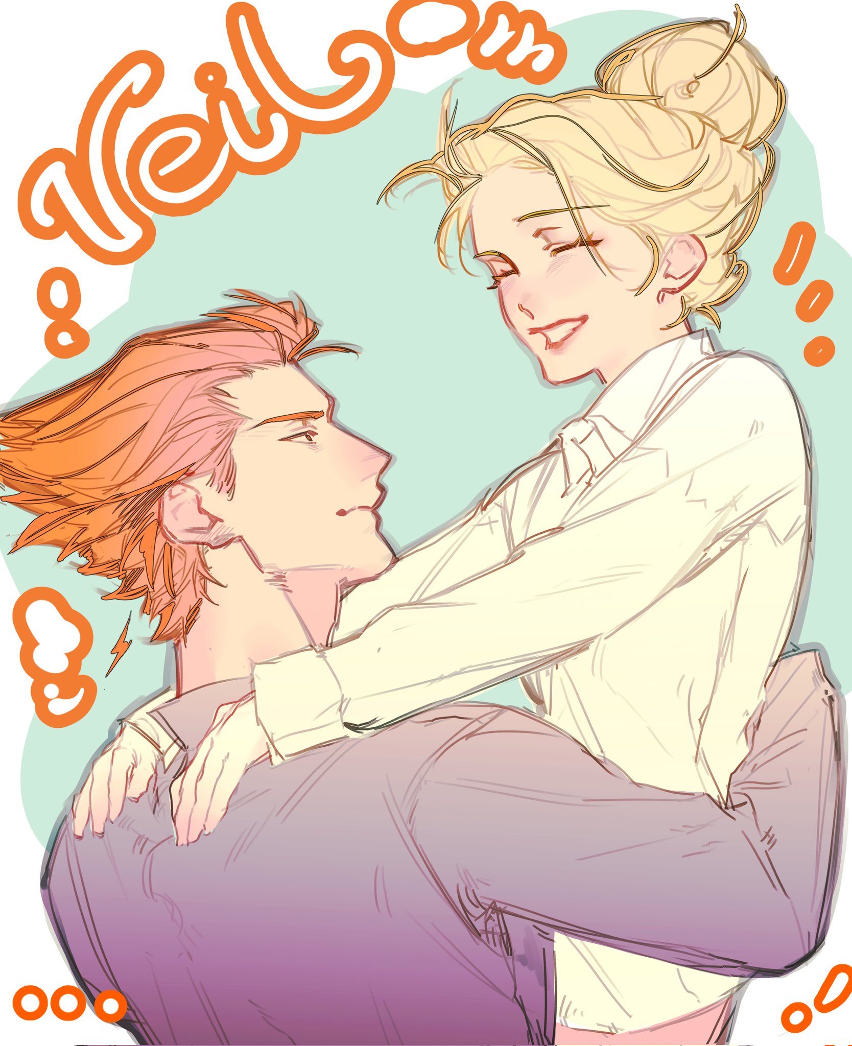 nynnynmoimoi, alexander (veil), emma (veil), veil (manga), hashtag-only commentary, highres, 1boy, 1girl, blonde hair, carrying, carrying person, closed eyes, copyright name, hair bun, long sleeves, looking at another, orange hair, shirt, short hair, smile, white shirt