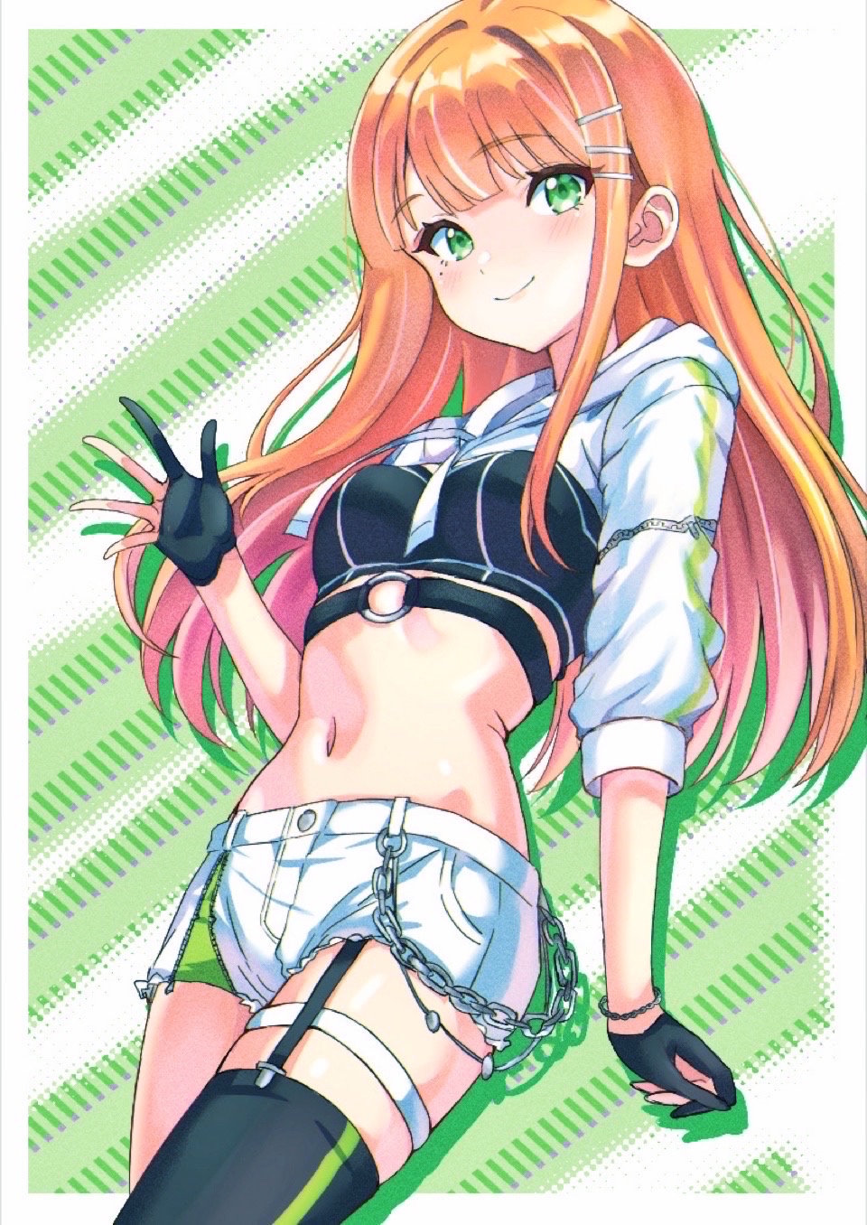 notus 23, shiun sumika, gakuen idolmaster, idolmaster, commentary request, highres, 1girl, black garter straps, black gloves, border, bracelet, breasts, chain, closed mouth, cowboy shot, crop top, garter straps, gloves, green eyes, hair ornament, hairclip, jewelry, light blush, long hair, looking at viewer, midriff, mole, mole under eye, navel, o-ring, orange hair, outside border, partially fingerless gloves, short shorts, shorts, single garter strap, small breasts, smile, solo, stomach, thigh strap, white border, white shorts