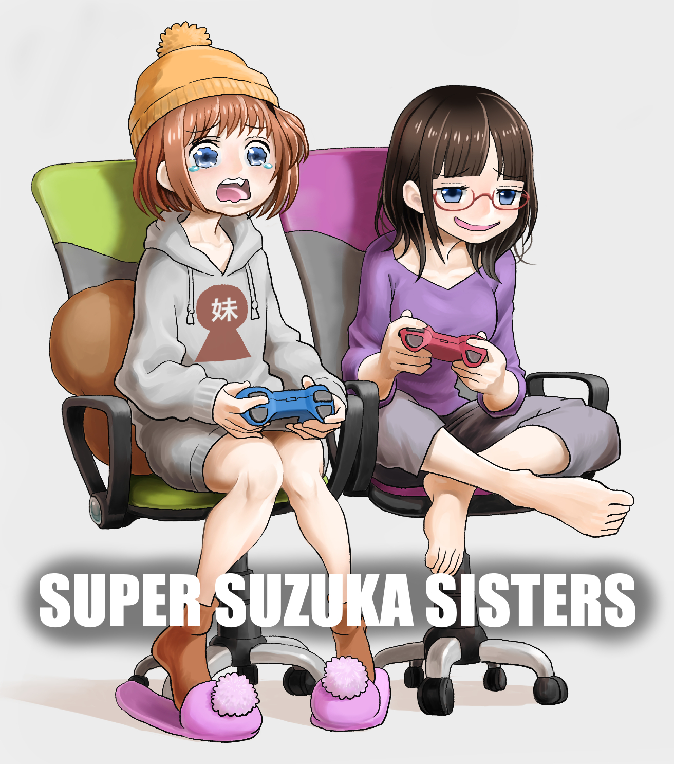funtarunta, suzuka utako, nijisanji, commentary request, highres, 2girls, barefoot, blue eyes, brown hair, brown shoes, chair, character name, controller, fang, full body, game controller, grey background, grey hoodie, grey pants, hat, holding, holding controller, holding game controller, hood, hoodie, multiple girls, orange hat, pants, pink slippers, purple shirt, red-framed eyewear, shirt, shoes, siblings, sisters, slippers, swivel chair, tearing up, teeth, tongue, upper teeth only, virtual youtuber