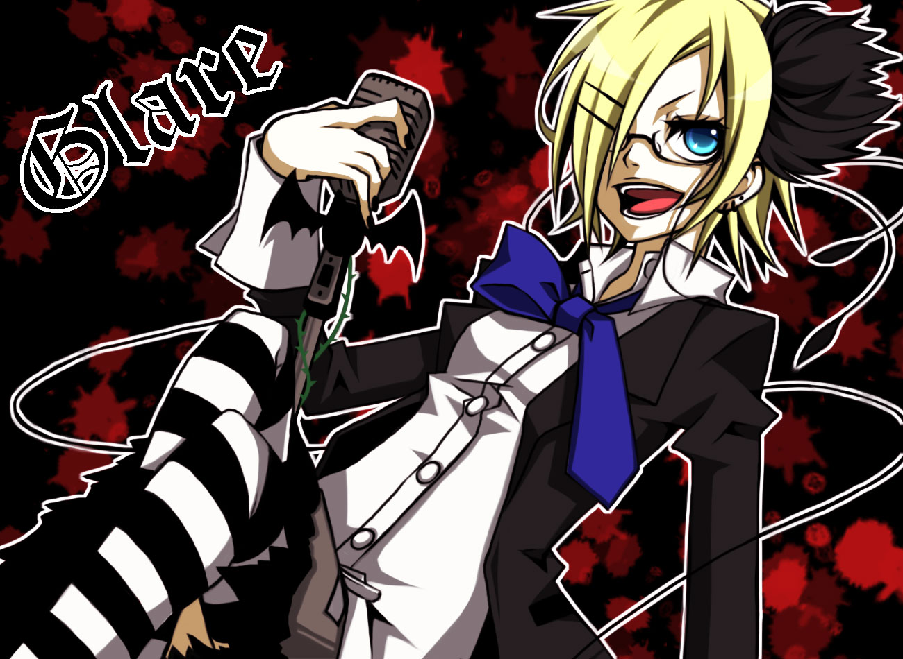 kuzuhara kazuya, kagamine rin, glare (vocaloid), vocaloid, 1girl, black nails, blonde hair, blue eyes, female focus, glasses, hair ornament, hair over one eye, hair ribbon, hairclip, microphone, microphone stand, nail polish, ribbon, short hair, skirt, smile, solo, striped clothes, striped thighhighs, thighhighs