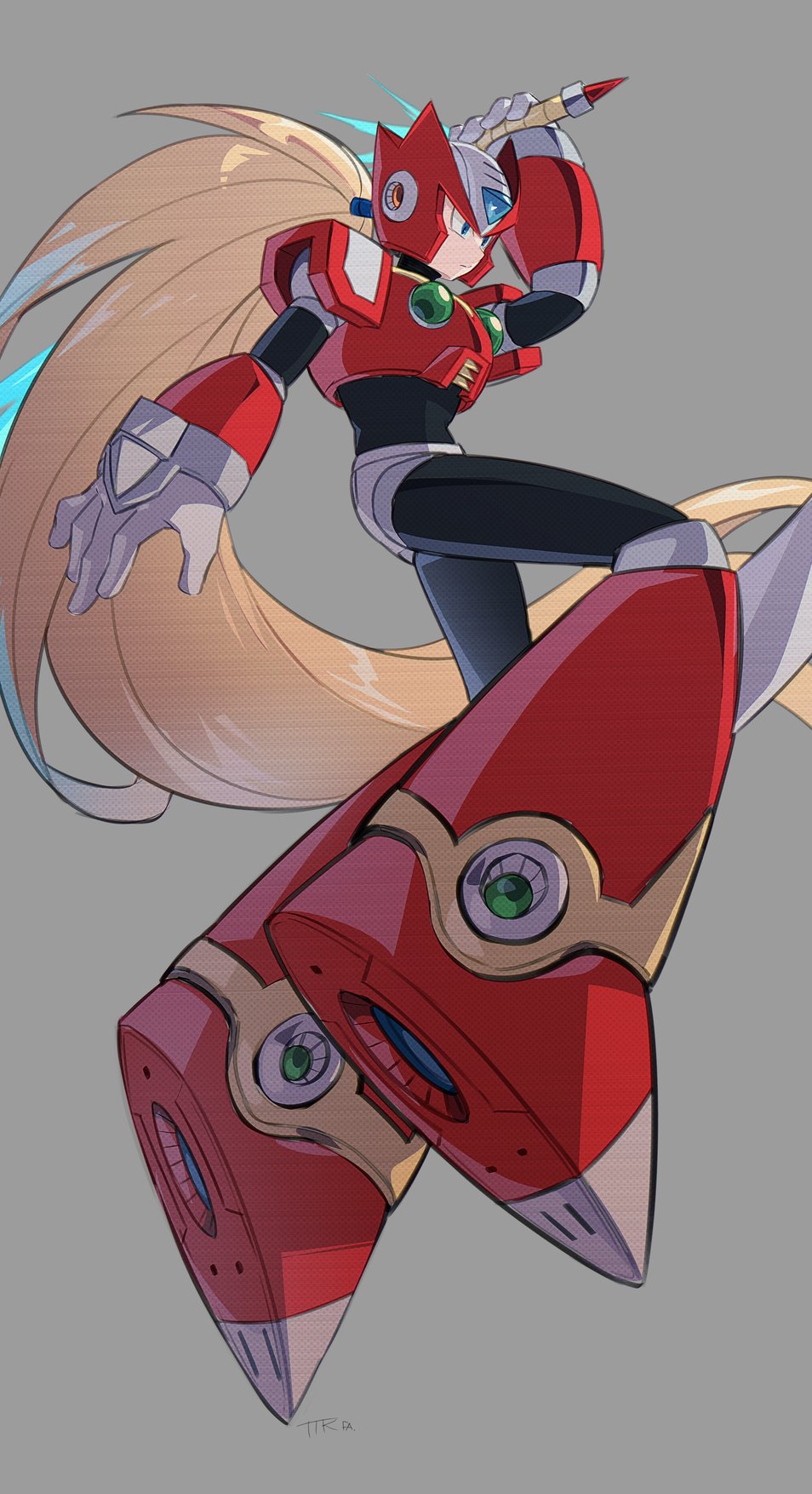 magatatara, zero (mega man), mega man (series), mega man x (series), commentary request, highres, 1boy, android, armor, blonde hair, blue eyes, chest jewel, energy sword, forehead jewel, full body, grey background, helmet, holding, holding sword, holding weapon, long hair, male focus, red armor, red helmet, simple background, solo, sword, weapon, z saber