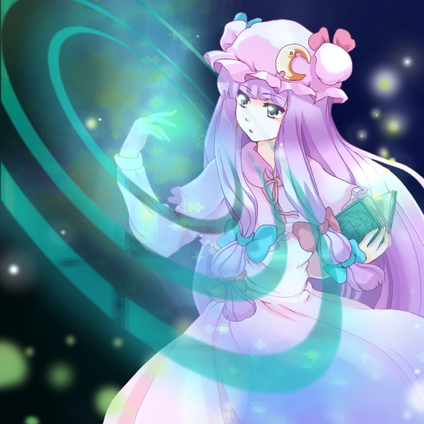 yuko (artist), yuuyuu (yuko), patchouli knowledge, touhou, bad id, bad pixiv id, 1girl, book, crescent, female focus, hat, long hair, purple hair, solo