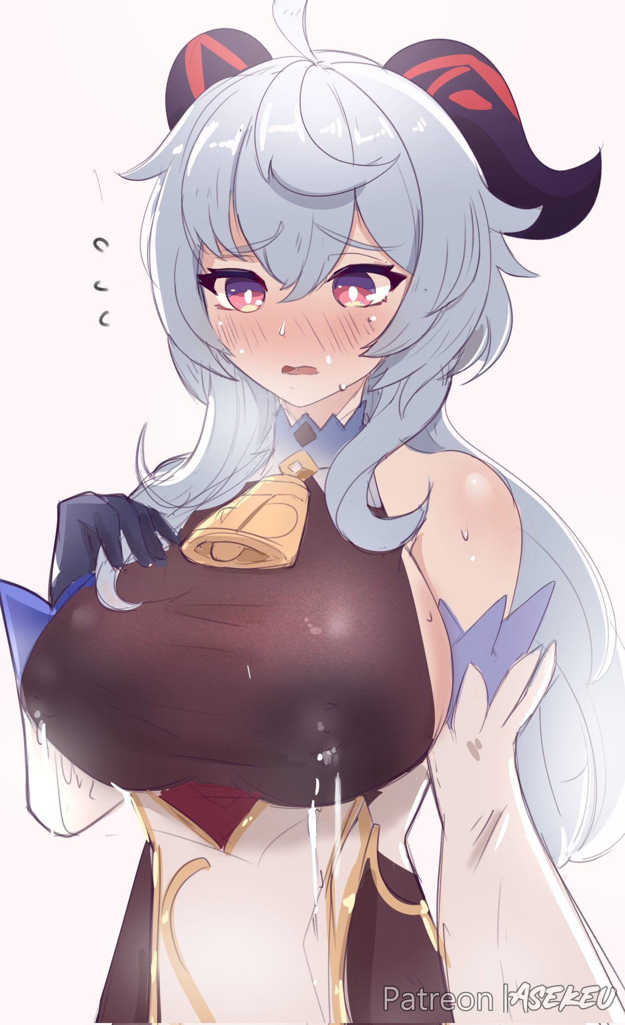 asekeu, ganyu (genshin impact), genshin impact, highres, 1girl, ahoge, bare shoulders, bell, blue hair, breasts, covered erect nipples, detached sleeves, gloves, goat horns, horns, lactation, lactation through clothes, large breasts, long hair, looking at viewer, purple eyes, sidelocks, solo