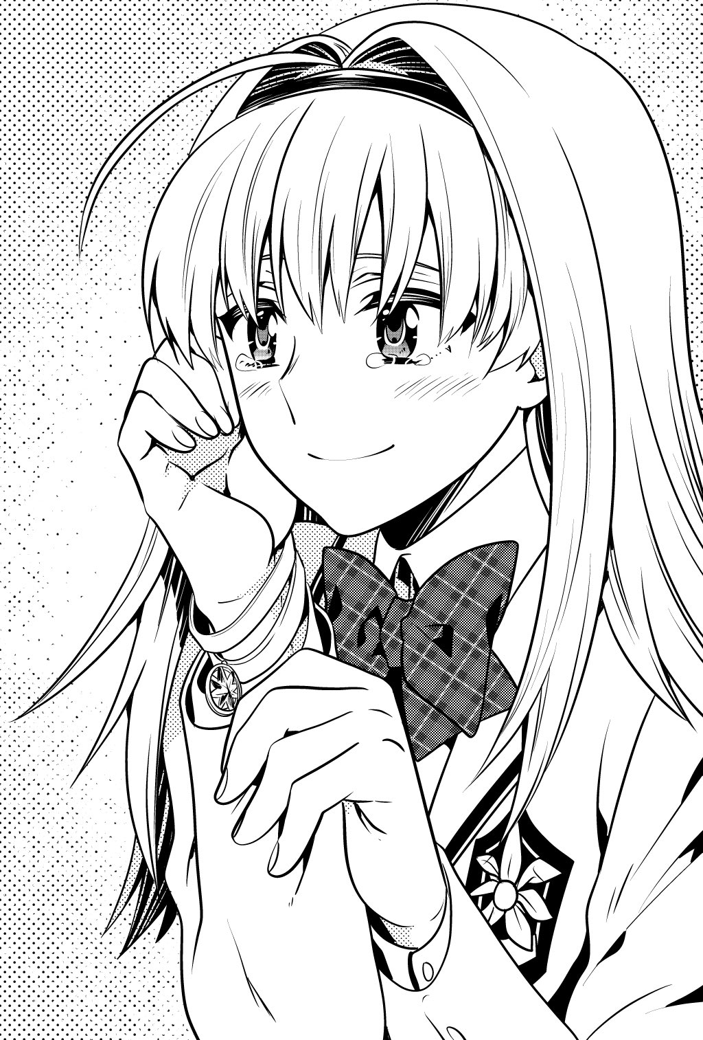 ikuhashi muiko, nishijou nanami, chaos;head, science adventure, commentary request, highres, 1girl, ahoge, black hairband, blazer, blush, bow, bowtie, bracelet, fingernails, greyscale, hairband, happy tears, holding own arm, jacket, jewelry, long hair, looking to the side, monochrome, plaid bow, plaid bowtie, plaid clothes, school emblem, school uniform, smile, snowflake pendant, solo, suimei academy school uniform, tears