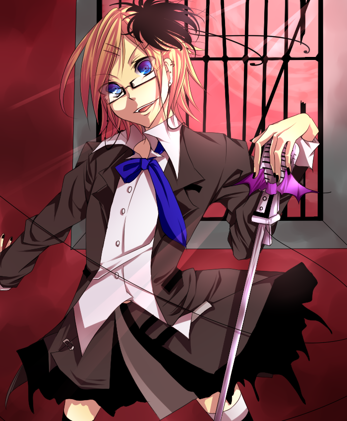 amase (siki696), kagamine rin, glare (vocaloid), vocaloid, 1girl, bespectacled, black nails, blonde hair, blue eyes, female focus, glasses, hair ornament, hair ribbon, hairclip, microphone, microphone stand, nail polish, ribbon, short hair, skirt, smile, solo, striped clothes, striped thighhighs, thighhighs