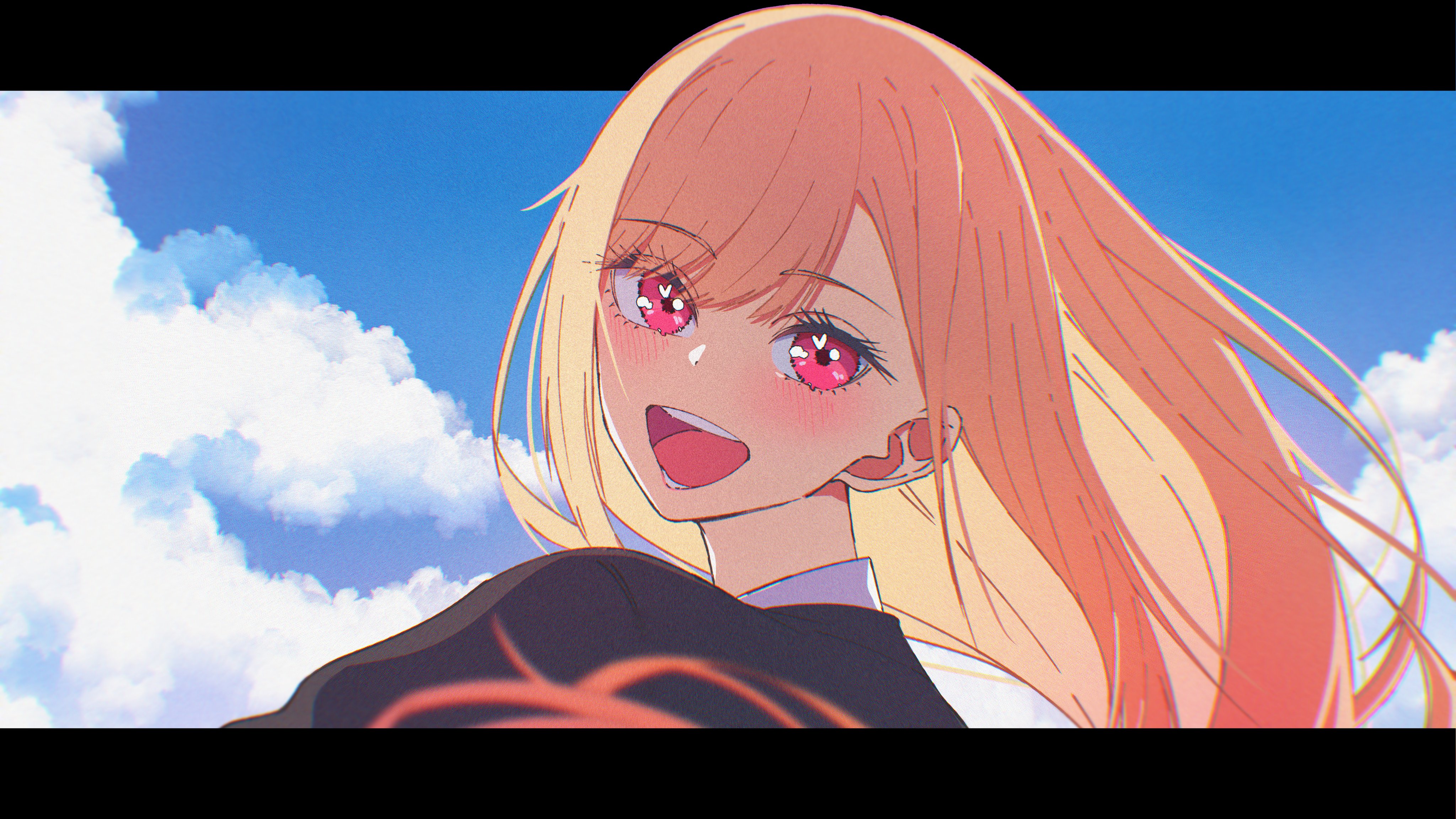 kitagawa marin, sono bisque doll wa koi wo suru, absurdres, commentary request, highres, 1girl, black border, black sweater, blonde hair, border, cloud, from behind, ganetto29, long hair, looking at viewer, looking back, open mouth, red eyes, sky, smile, solo, sweater, upper body