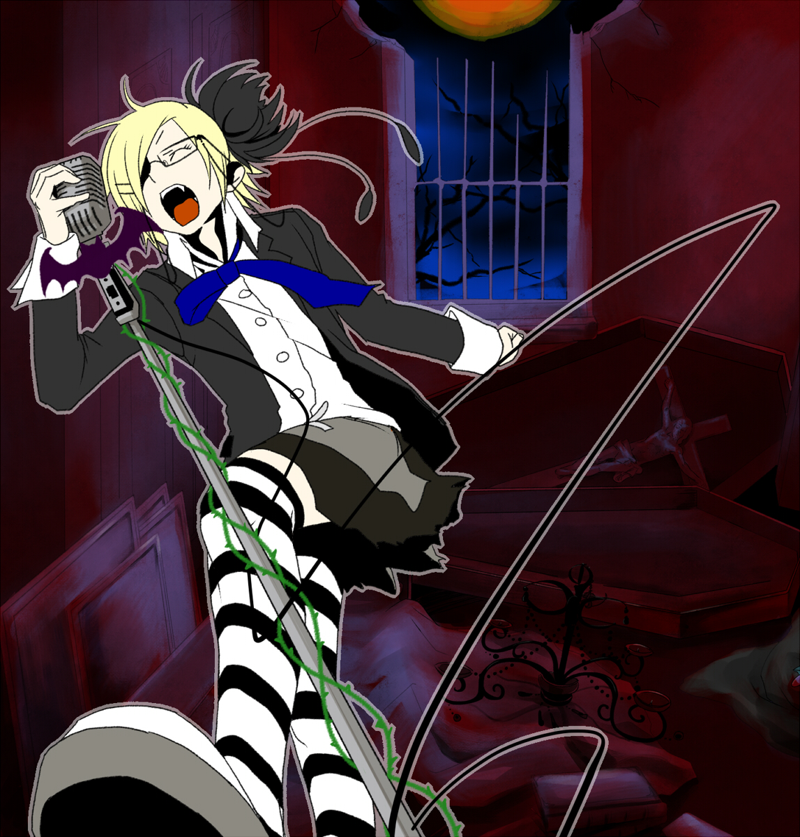 sabuibo maru, kagamine rin, glare (vocaloid), vocaloid, bad id, bad pixiv id, highres, 1girl, bespectacled, blonde hair, closed eyes, coffin, fangs, female focus, glasses, indoors, microphone, microphone stand, open mouth, ribbon, short hair, solo, striped clothes, striped thighhighs, thighhighs, vampire, zettai ryouiki