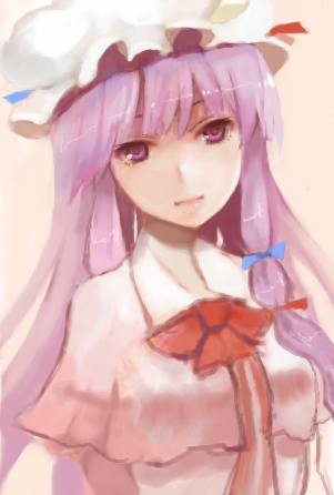 mamepon, patchouli knowledge, touhou, lowres, 1girl, female focus, hat, purple hair, simple background, solo, upper body