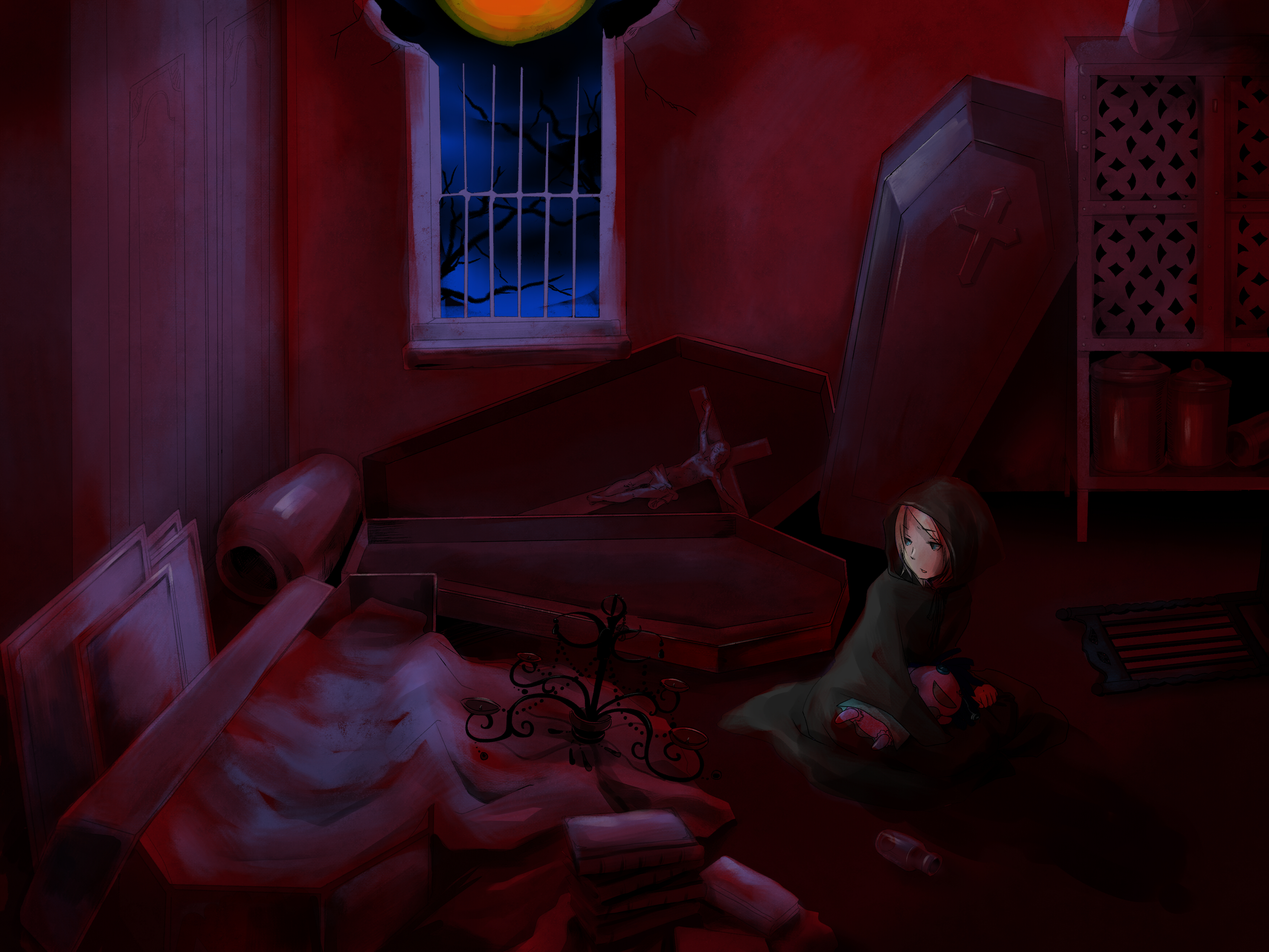 sabuibo maru, kagamine rin, glare (vocaloid), vocaloid, absurdres, bad id, bad pixiv id, highres, 1girl, blonde hair, blue eyes, coffin, dark, female focus, hood, indoors, night, short hair, solo, stuffed animal, stuffed toy