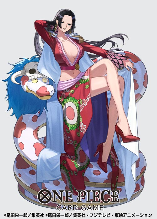 otton, boa hancock, salome (one piece), one piece, one piece card game, commentary request, official art, 1girl, black hair, breasts, breasts apart, cape, copyright name, crossed legs, earrings, epaulettes, full body, high heels, jewelry, kuja pirates jolly roger, long hair, navel, red shoes, shoes, side slit, sidelocks, simple background, sitting, skirt, snake, snake earrings, white cape