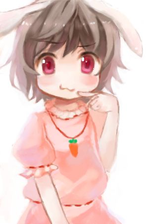mamepon, inaba tewi, touhou, lowres, 1girl, :3, blush stickers, brown hair, female focus, jewelry, no nose, pendant, poking, purple eyes, red eyes, short hair, solo