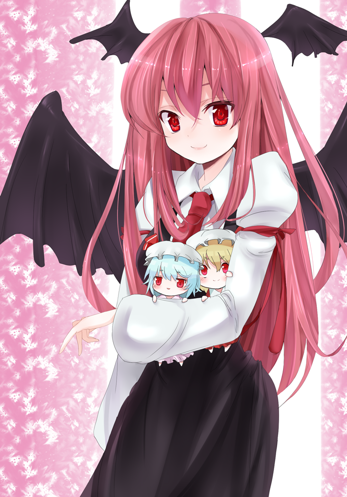 mamepon, flandre scarlet, koakuma, remilia scarlet, embodiment of scarlet devil, touhou, eyebrows, bad id, bad pixiv id, 3girls, bat wings, blonde hair, blue hair, chibi, female focus, hat, head wings, lips, long hair, mini person, minigirl, multiple girls, red eyes, red hair, short hair, siblings, sisters, skirt, smile, wings