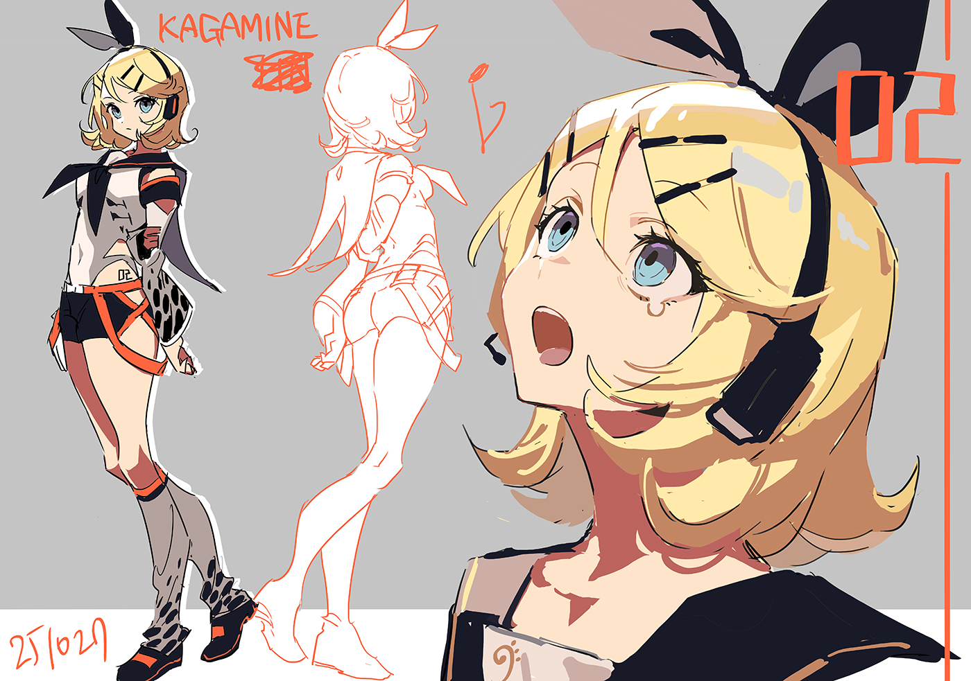 haun, kagamine rin, vocaloid, 1girl, arms behind back, blonde hair, headphones, looking up, multiple views, music, singing, sketch